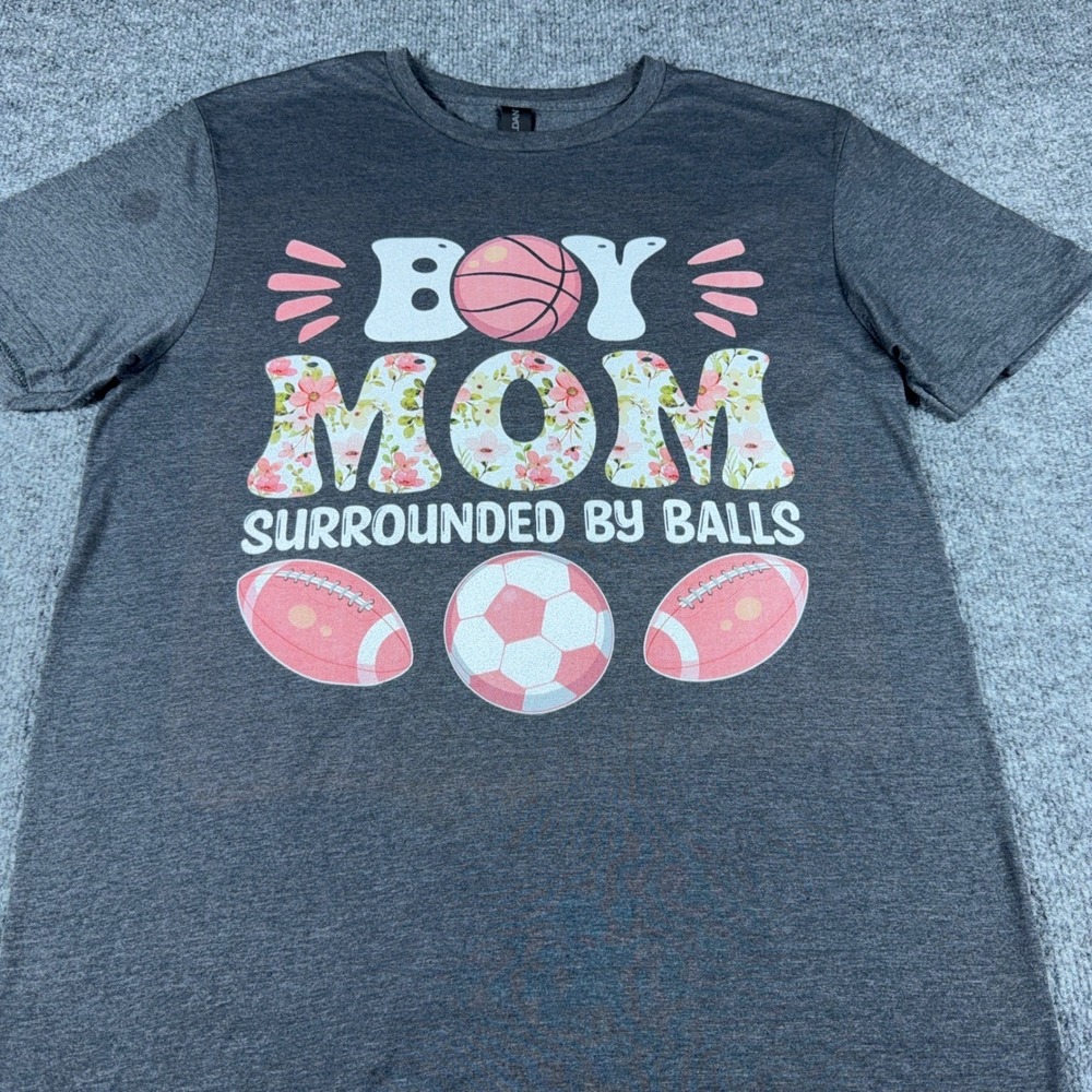 Gildan Softstyle‎ Boy Mom Surrounded By Balls Graphic T-Shirt Gray Womens Medium